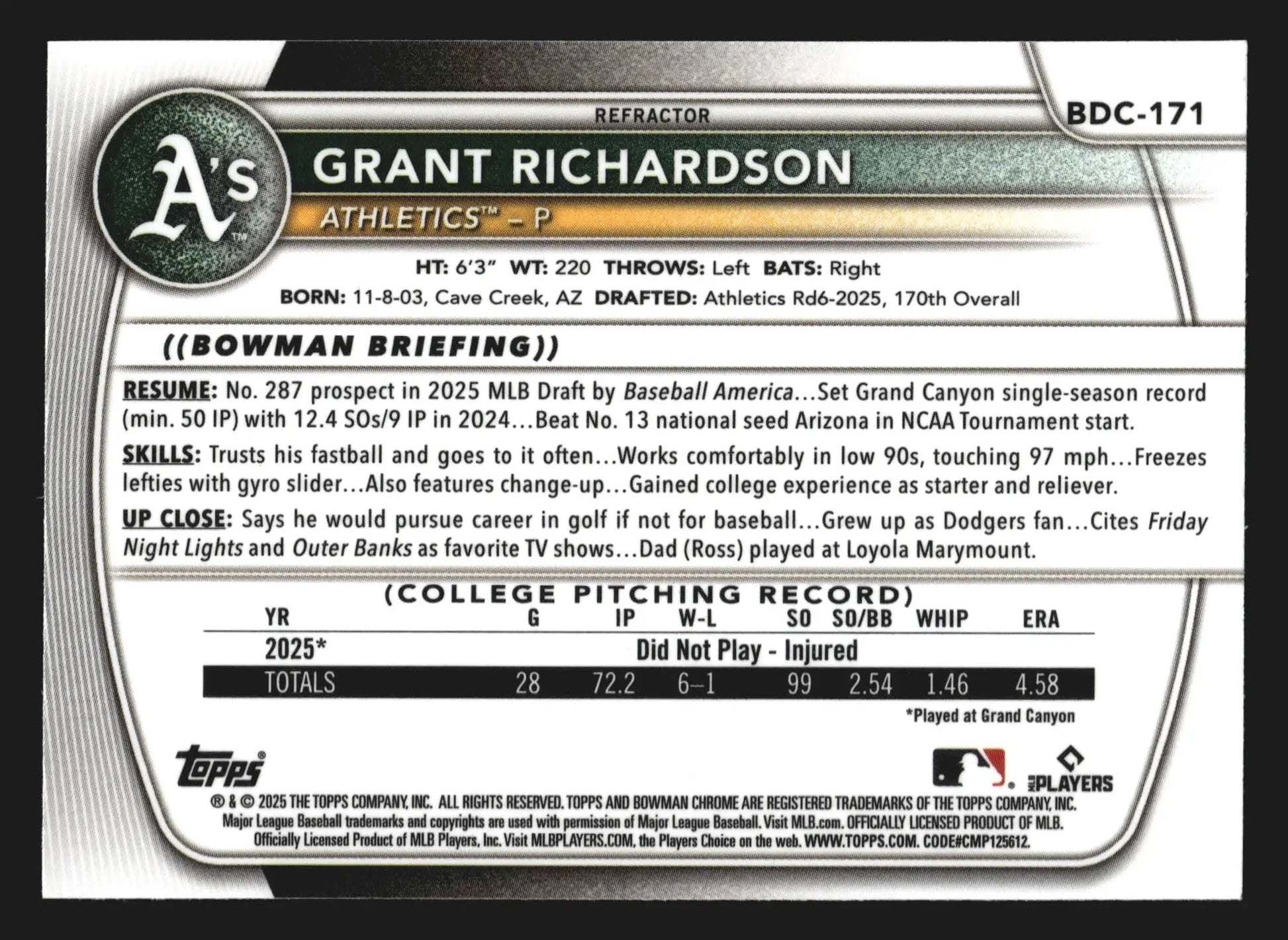 2025 Bowman Draft Chrome #BDC-171 Grant Richardson Refractor 1st Bowman