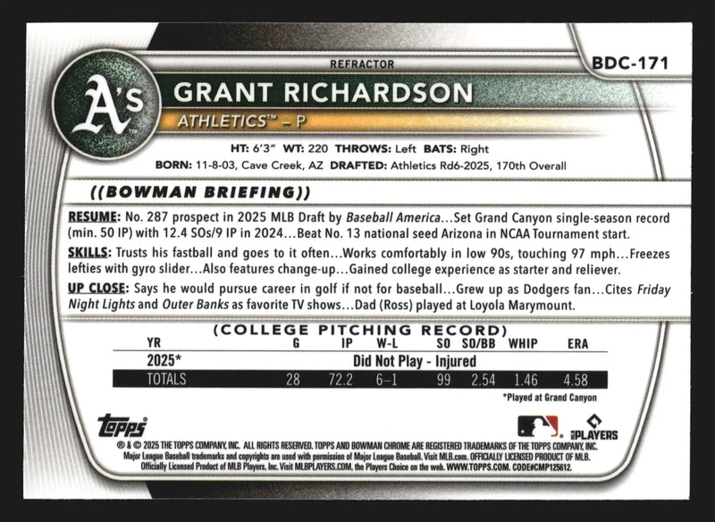 2025 Bowman Draft Chrome #BDC-171 Grant Richardson Refractor 1st Bowman