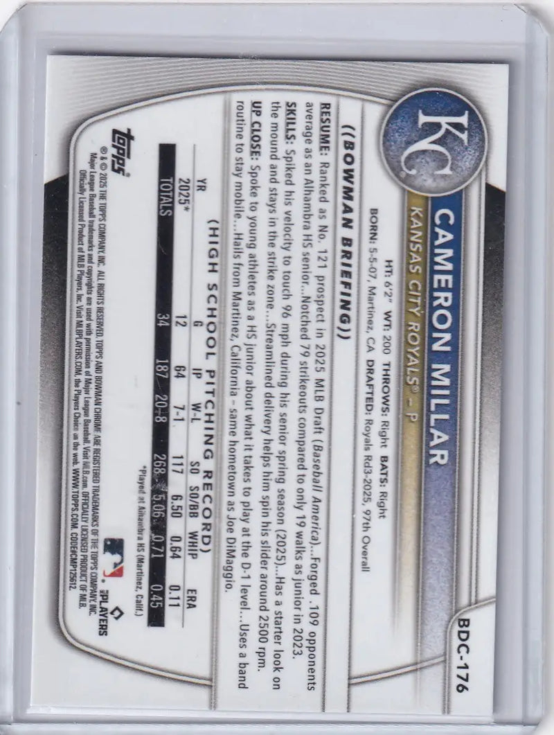 2025 Bowman Draft Chrome #BDC-176 Cameron Millar - Royals - Baseball Card Single