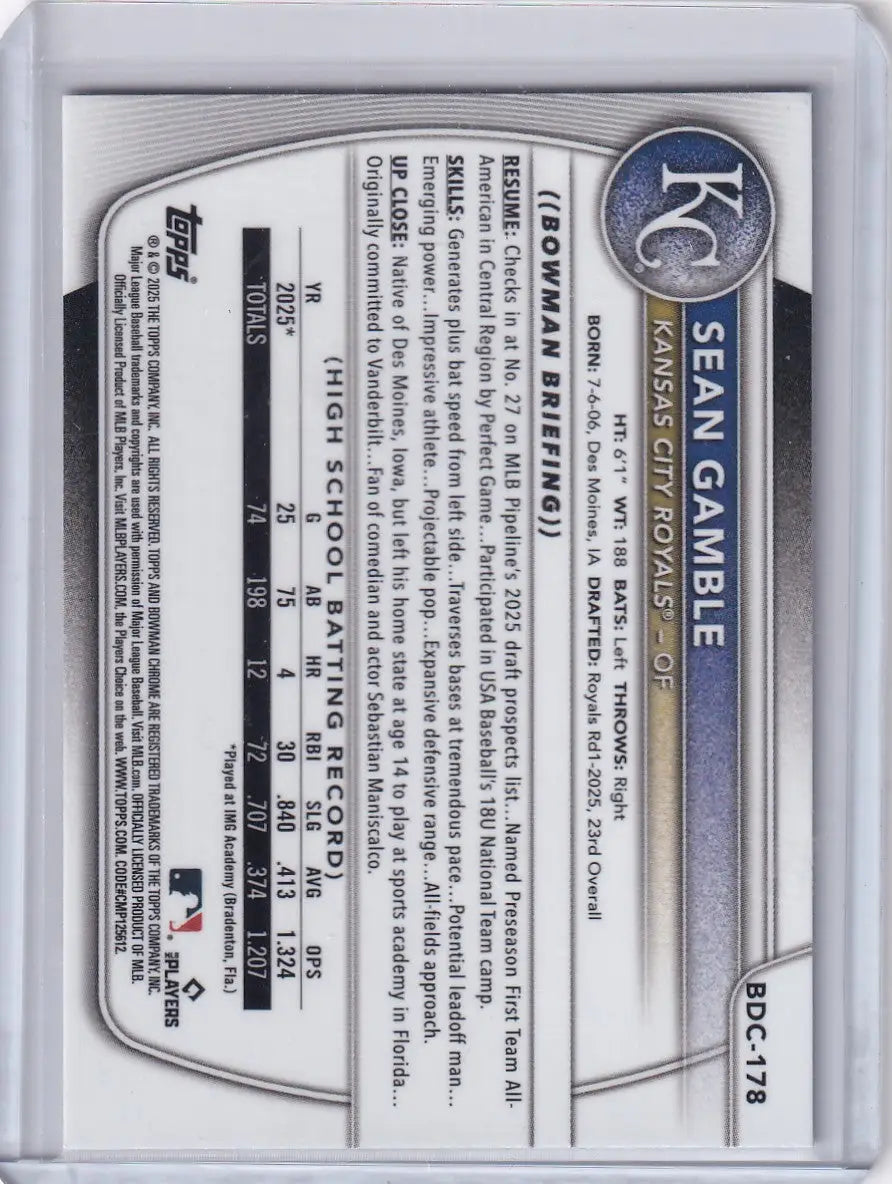 2025 Bowman Draft Chrome #BDC-178 Xfractor Sean Gamble - Royals - Baseball Card Single