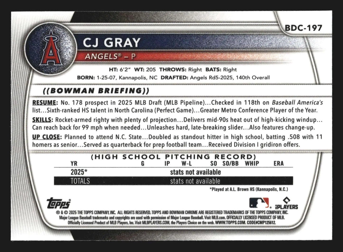 2025 Bowman Draft Chrome #BDC-197 CJ Gray Angels 1st Bowman