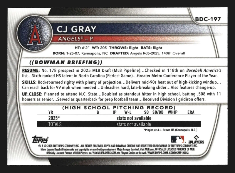 2025 Bowman Draft Chrome #BDC-197 CJ Gray Angels 1st Bowman
