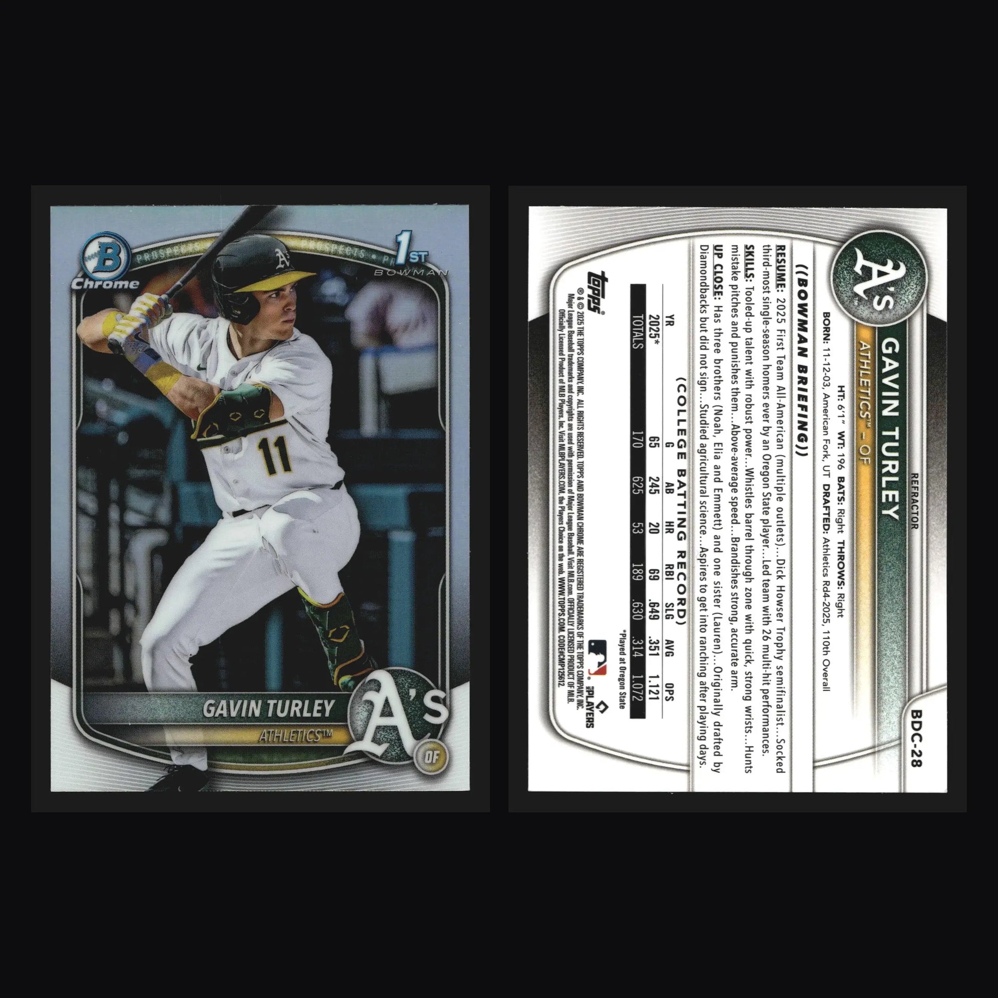 2025 Bowman Draft Chrome #BDC-28 Gavin Turley Athletics Refractor 1st Bowman - Baseball Card Single