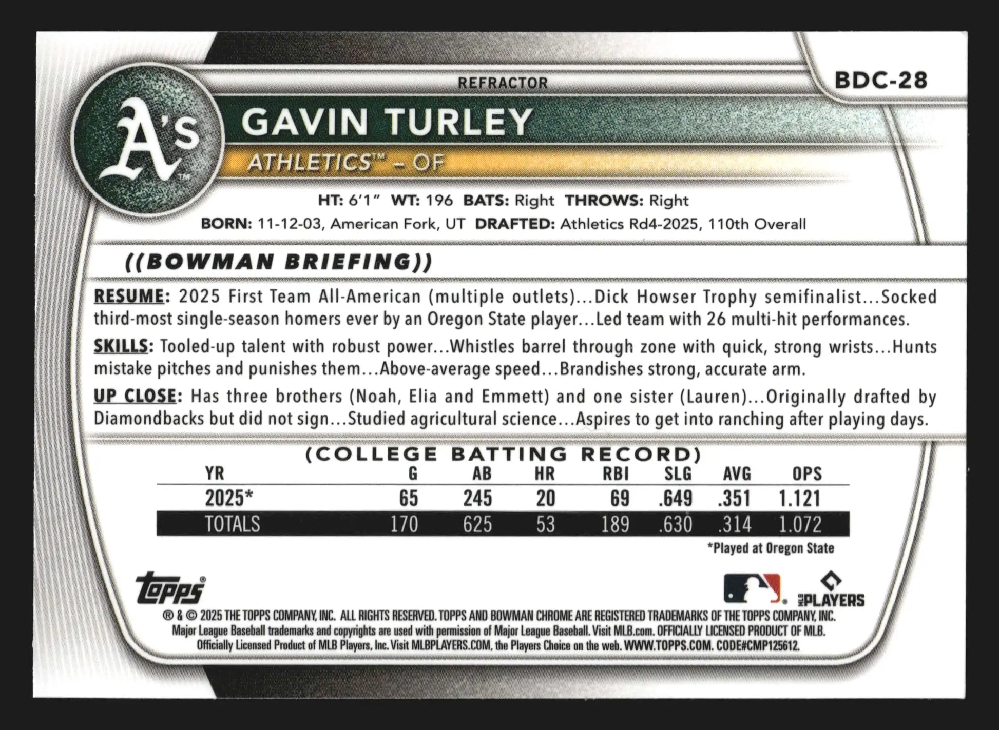 2025 Bowman Draft Chrome #BDC-28 Gavin Turley Athletics Refractor 1st Bowman - Baseball Card Single