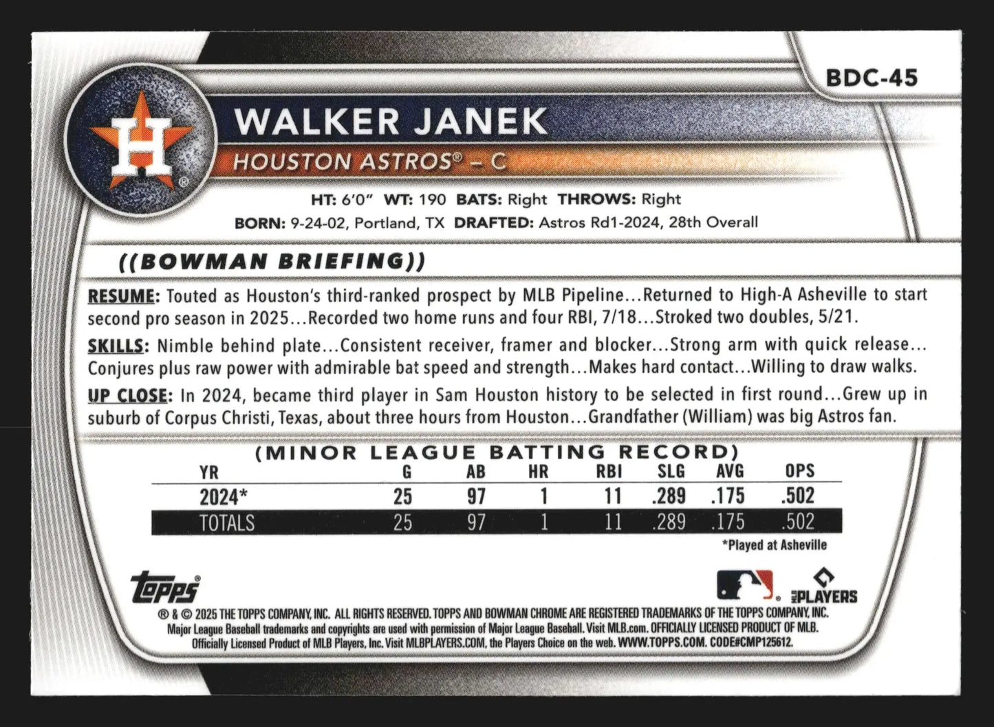2025 Bowman Draft Chrome #BDC-45 Walker Janek Astros - Baseball Card Single