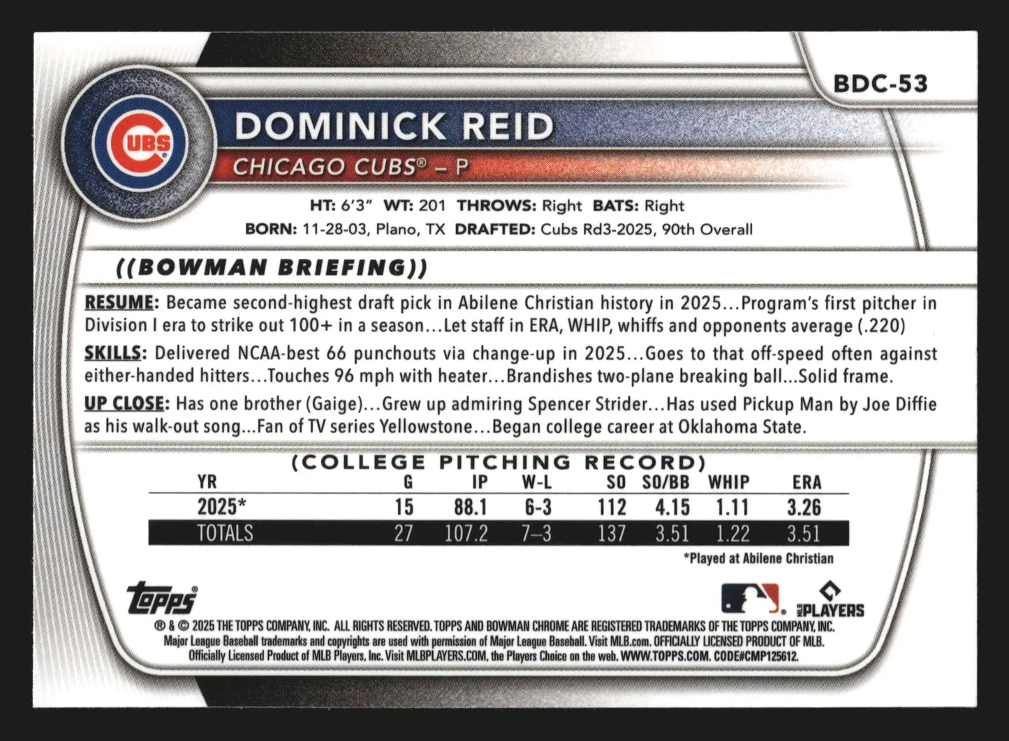2025 Bowman Draft Chrome #BDC-53 Dominick Reid 1st Bowman Cubs - Baseball Card Single