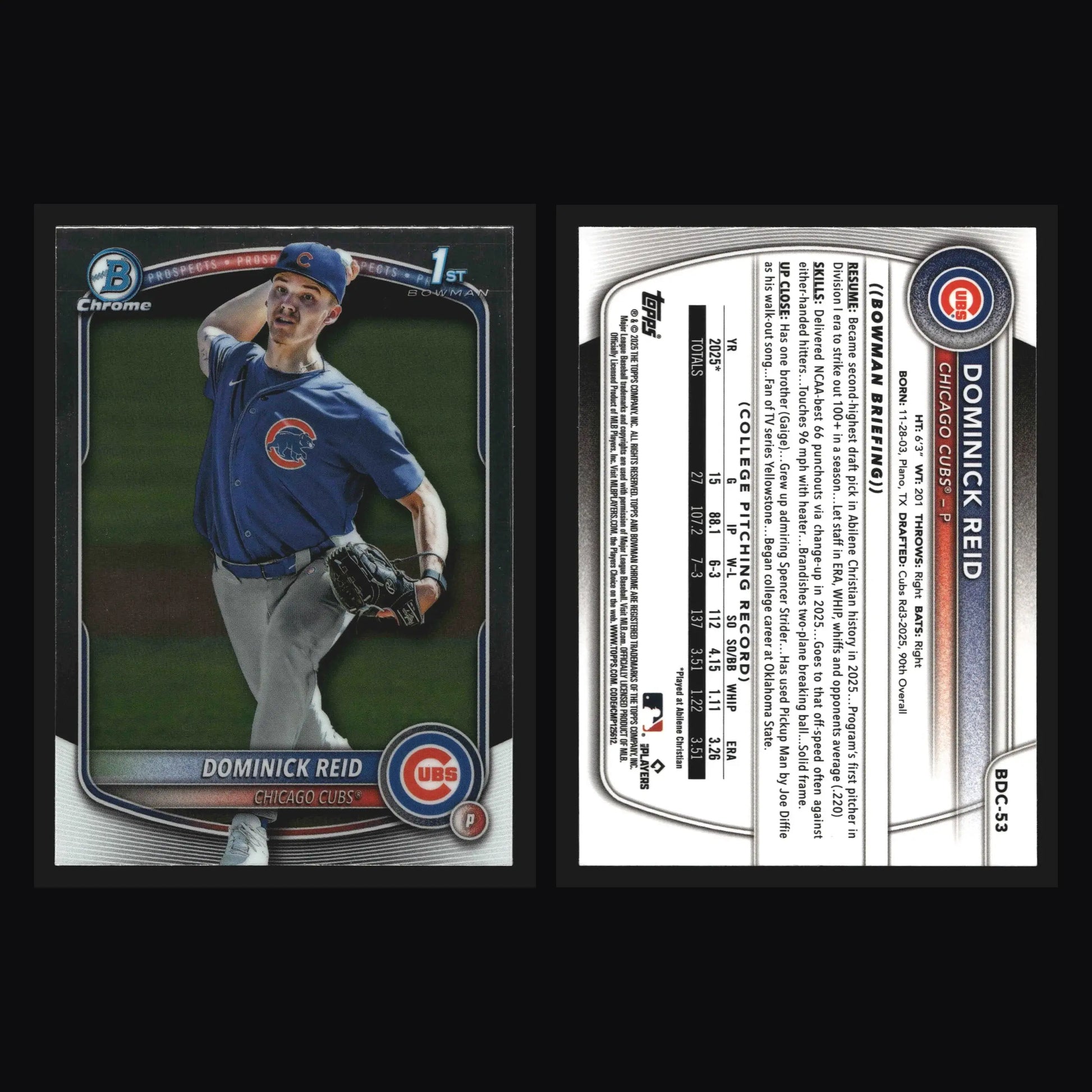 2025 Bowman Draft Chrome #BDC-53 Dominick Reid 1st Bowman Cubs - Baseball Card Single