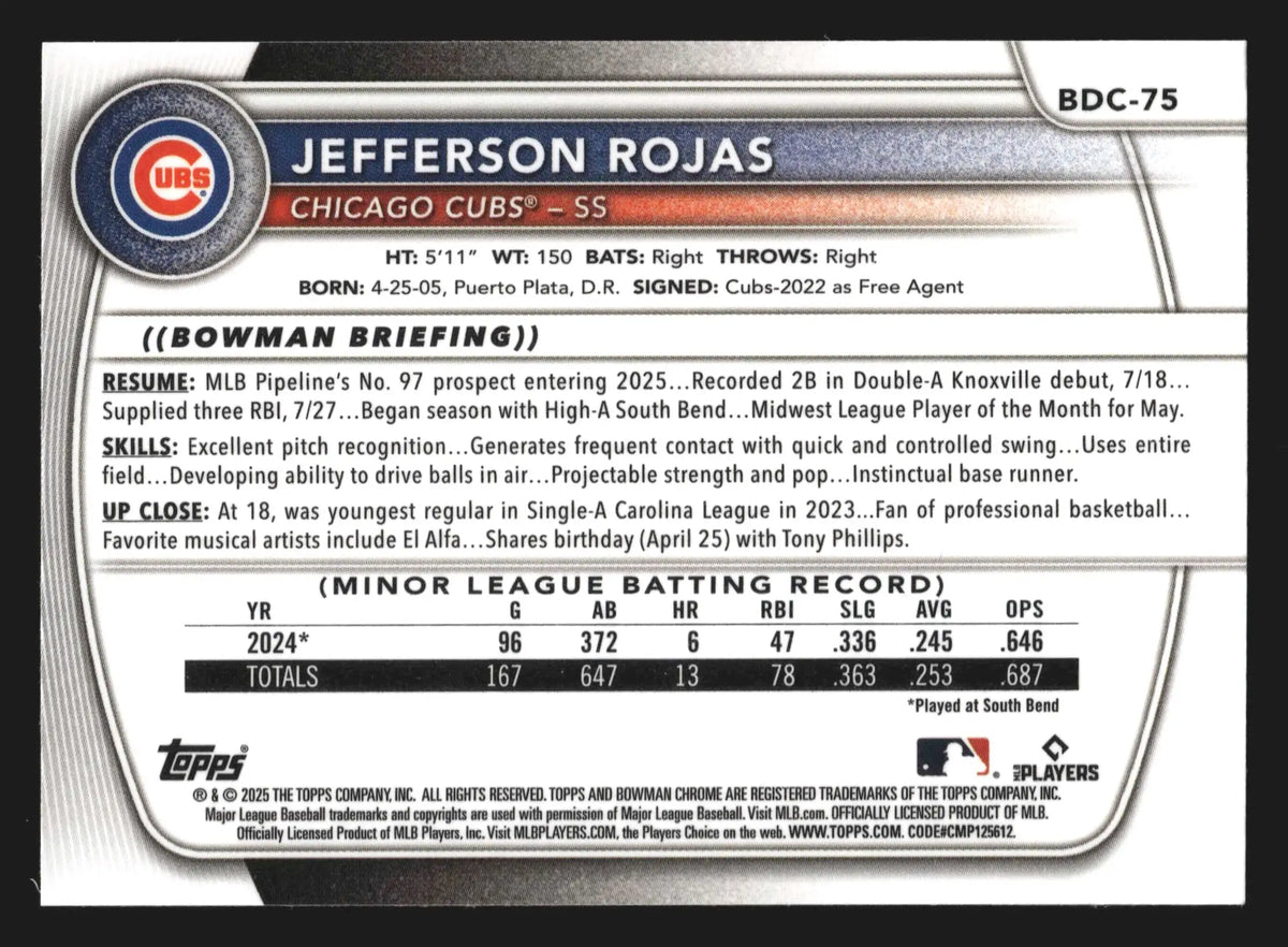 2025 Bowman Draft Chrome #BDC-75 Jefferson Rojas Chicago Cubs - Baseball Card Single