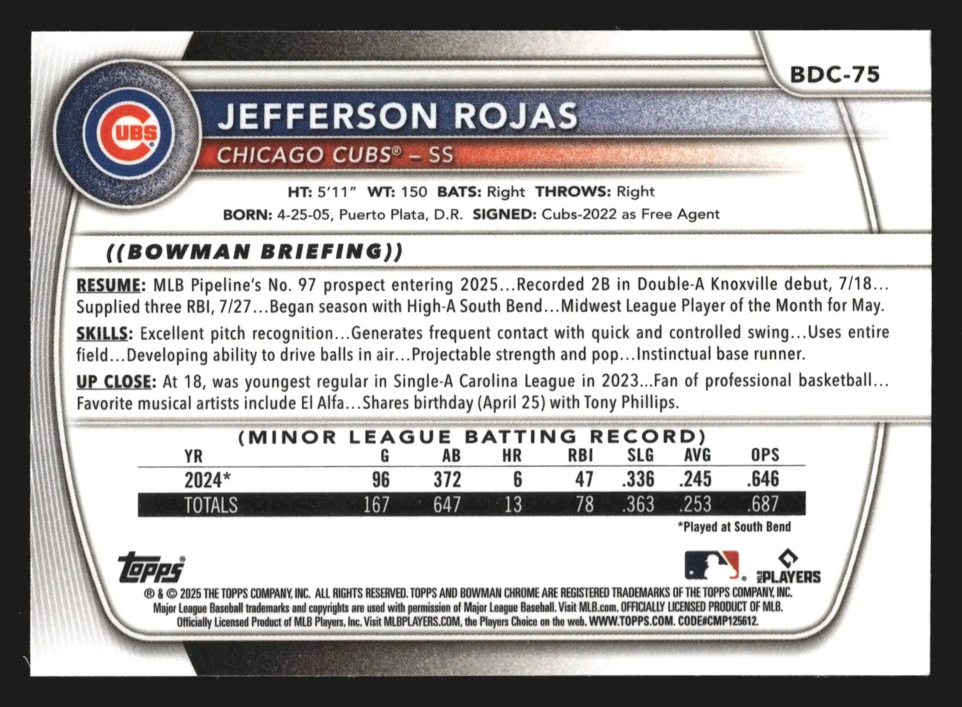 2025 Bowman Draft Chrome #BDC-75 Jefferson Rojas Chicago Cubs - Baseball Card Single