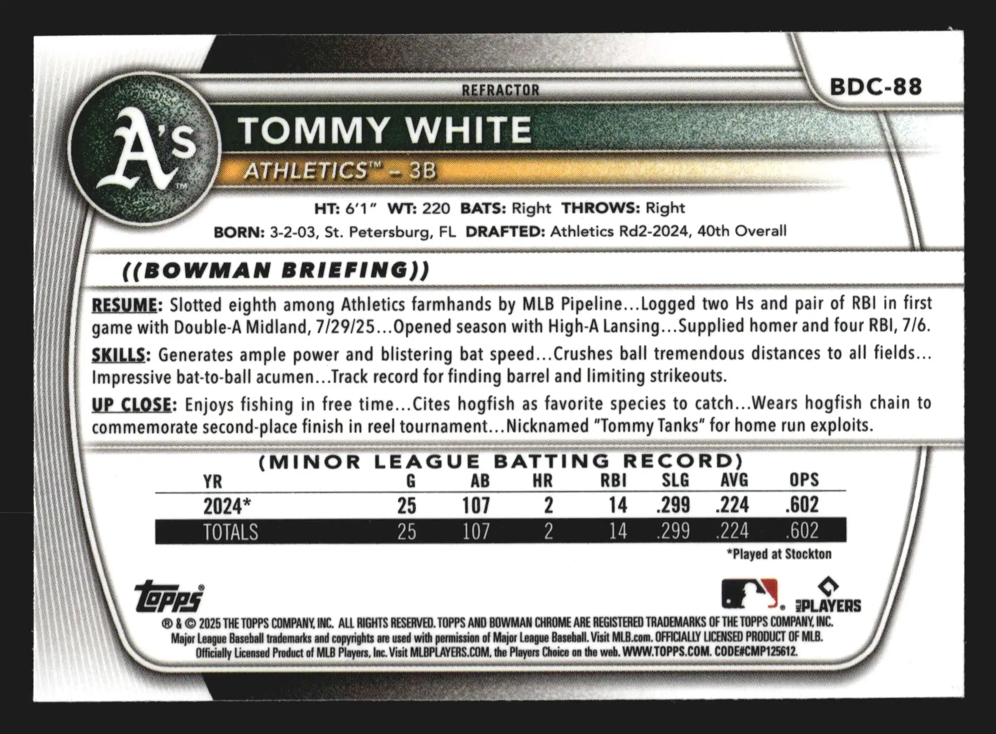 2025 Bowman Draft Chrome #BDC-88 Tommy White Athletics Refractor - Baseball Card Single