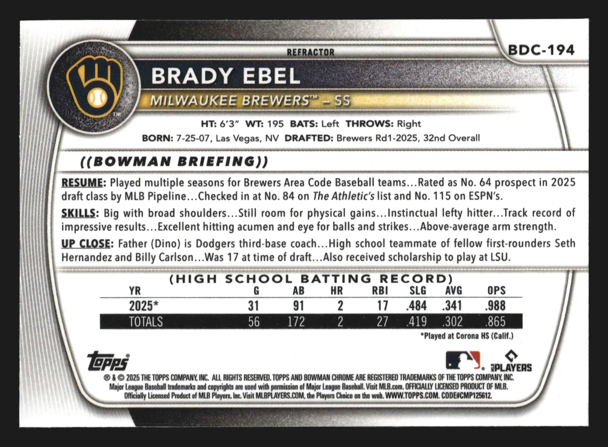 2025 Bowman Draft Chrome Brady Ebel #BDC-194 Refractor 1st Bowman Brewers - Baseball Card Single