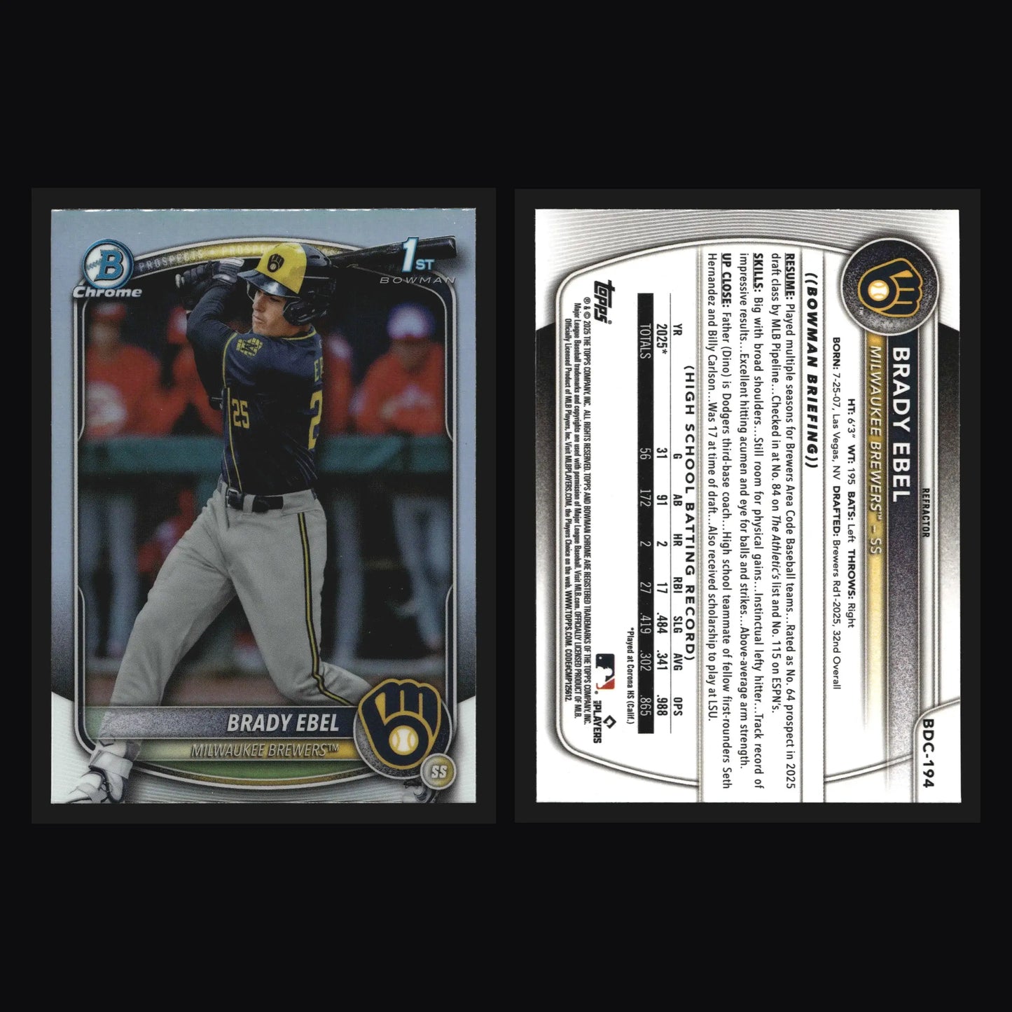 2025 Bowman Draft Chrome Brady Ebel #BDC-194 Refractor 1st Bowman Brewers - Baseball Card Single