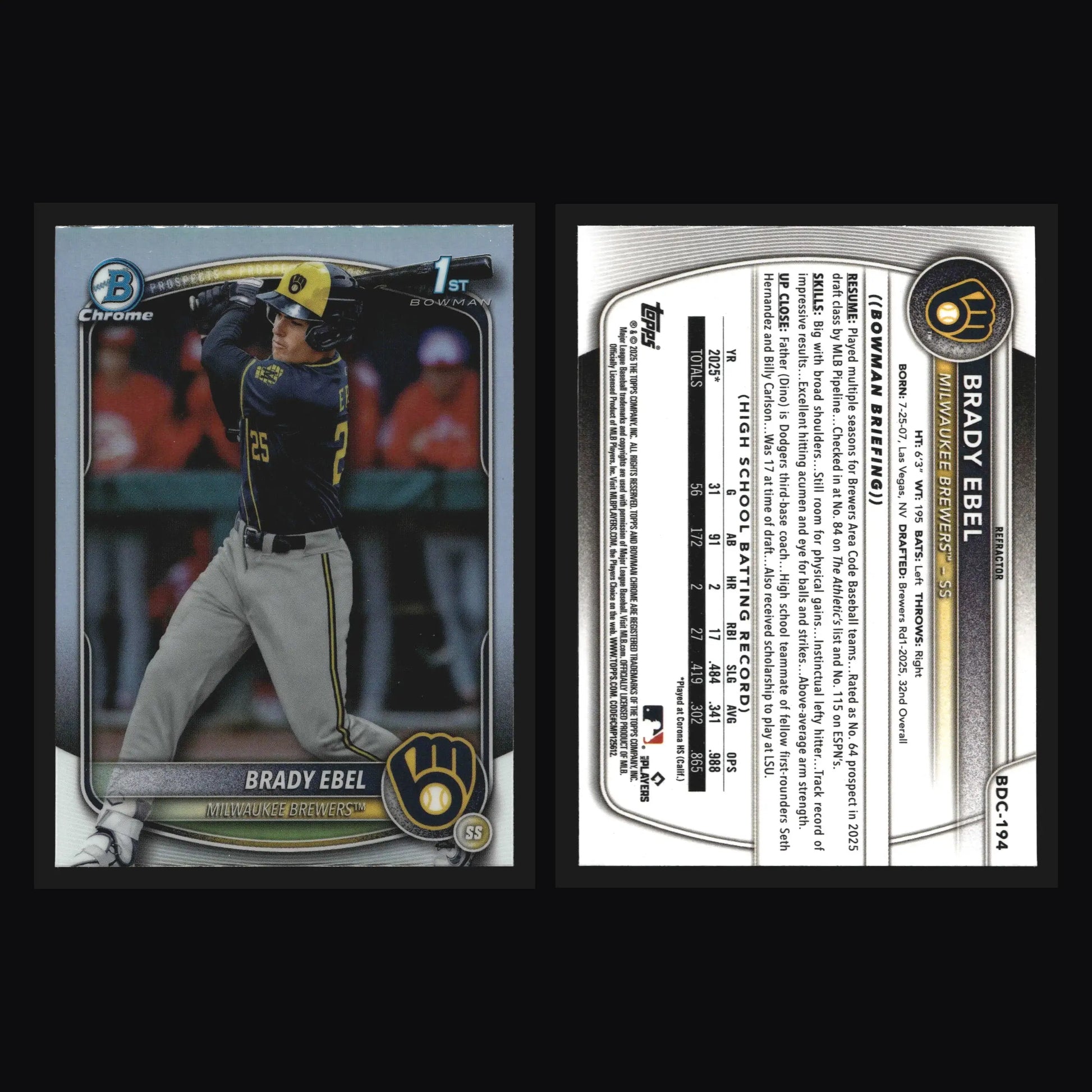 2025 Bowman Draft Chrome Brady Ebel #BDC-194 Refractor 1st Bowman Brewers - Baseball Card Single