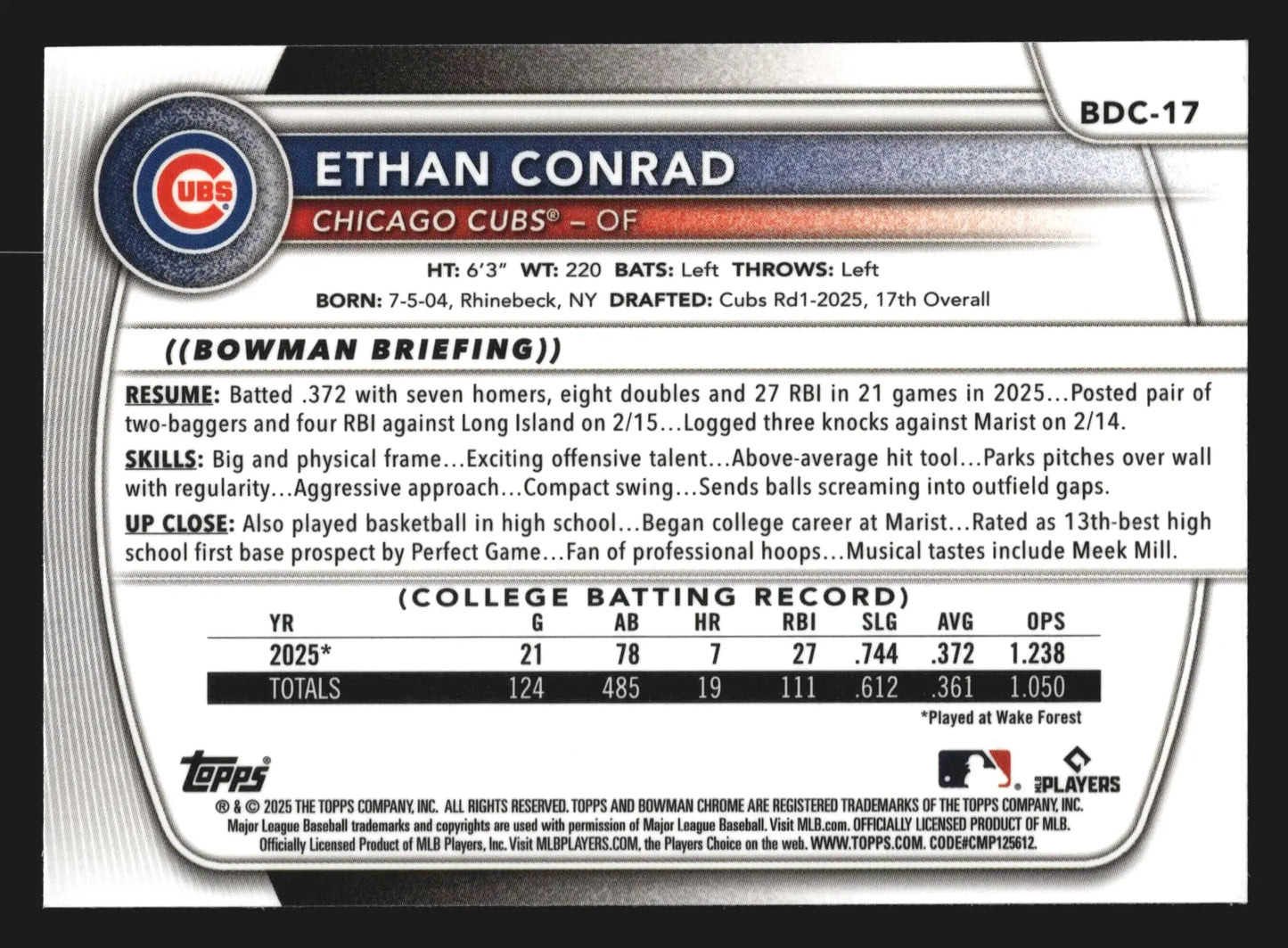 2025 Bowman Draft Chrome Ethan Conrad #BDC-17 1st Bowman Cubs - Baseball Card Single