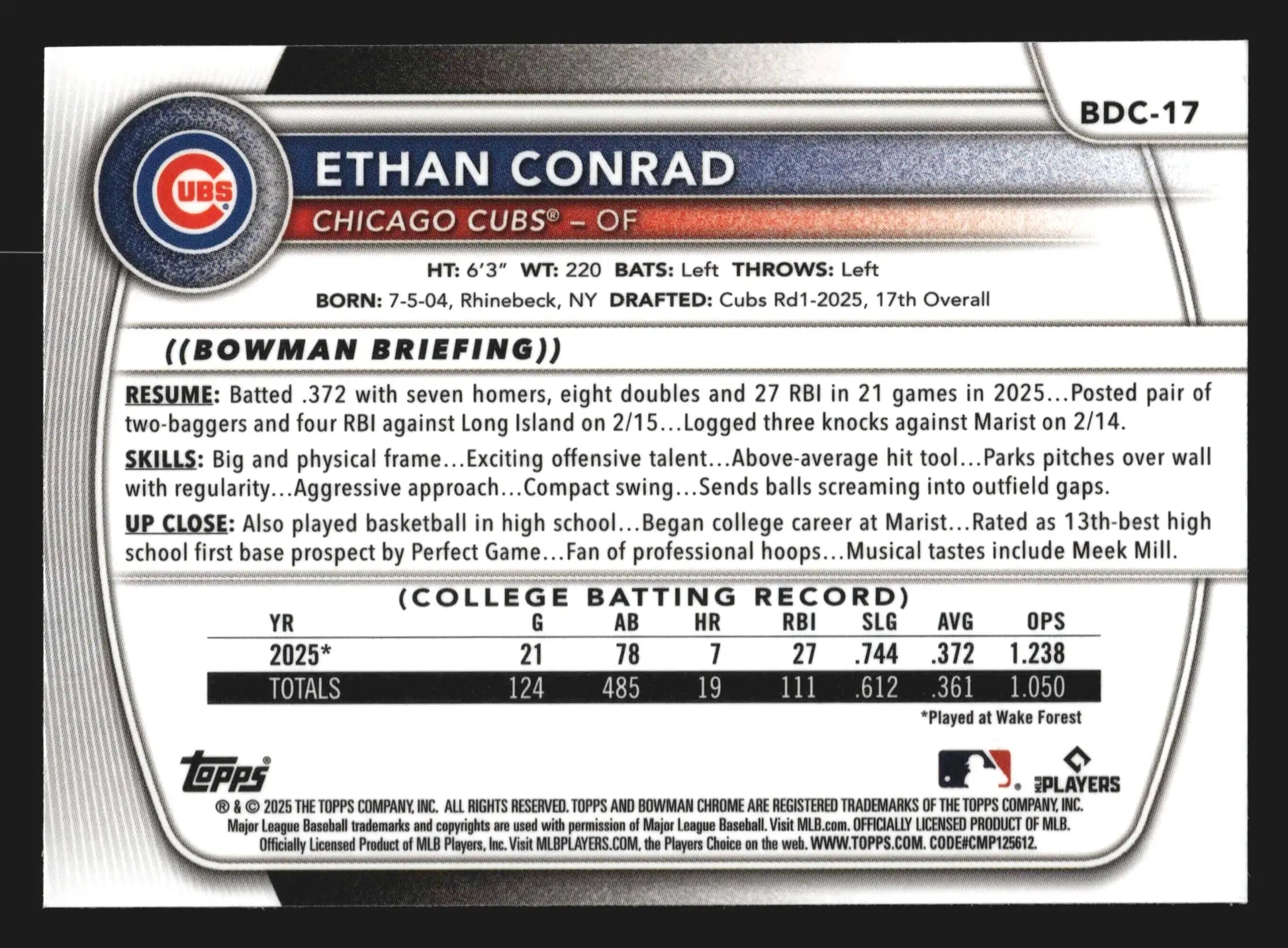 2025 Bowman Draft Chrome Ethan Conrad #BDC-17 1st Bowman Cubs - Baseball Card Single