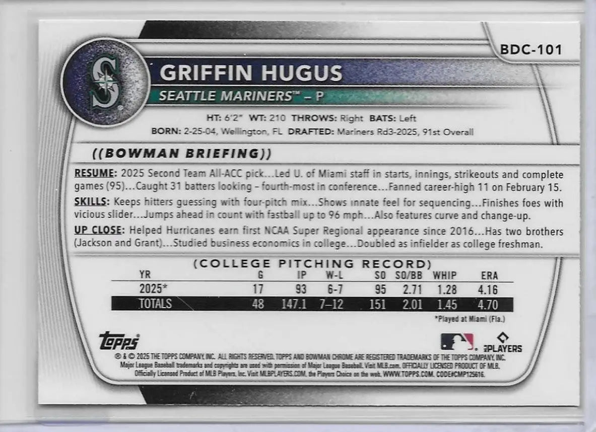 2025 Bowman Draft Chrome Griffin Hugus 1st Bowman Mega Box Mojo Refractor c-65 - Baseball Card Single