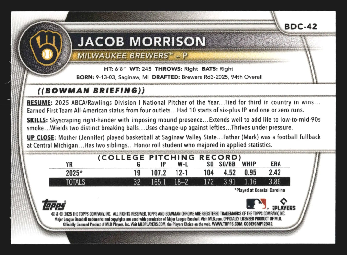 2025 Bowman Draft Chrome Jacob Morrison #BDC-42 1st Bowman Brewers - Baseball Card Single