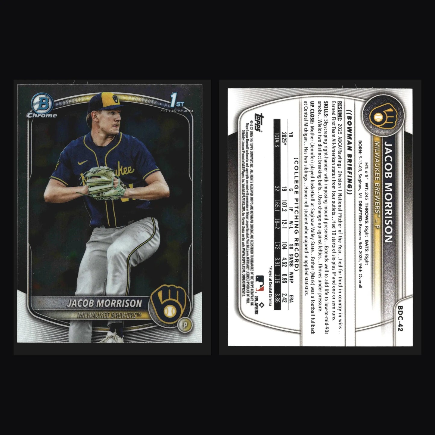 2025 Bowman Draft Chrome Jacob Morrison #BDC-42 1st Bowman Brewers - Baseball Card Single