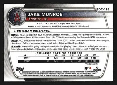 2025 Bowman Draft Chrome Jake Munroe #BDC-128 Refractor Angels - Baseball Card Single