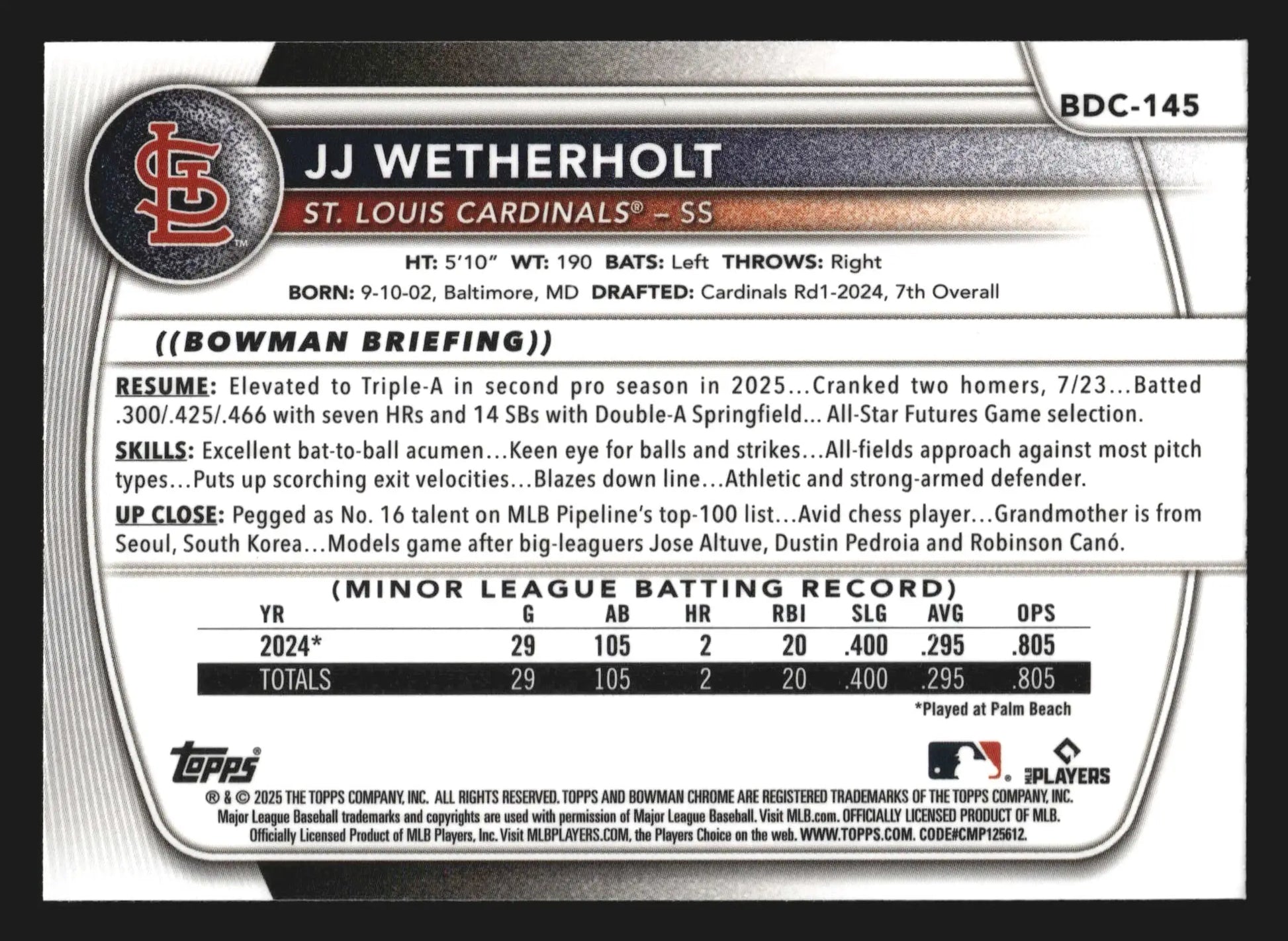2025 Bowman Draft Chrome JJ Wetherholt #BDC-145 St. Louis Cardinals - Baseball Card Single