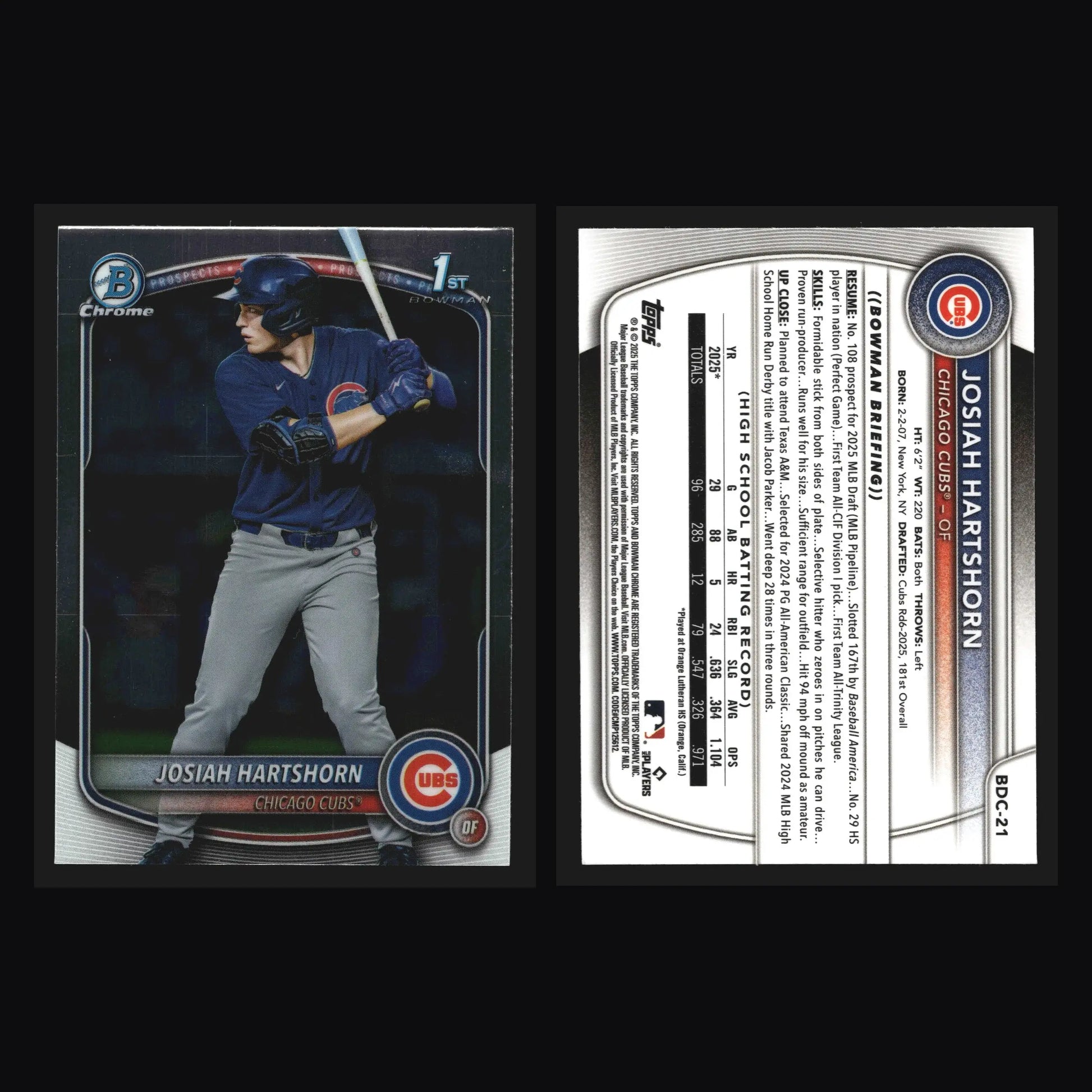 2025 Bowman Draft Chrome Josiah Hartshorn #BDC-21 1st Bowman Cubs - Baseball Card Single