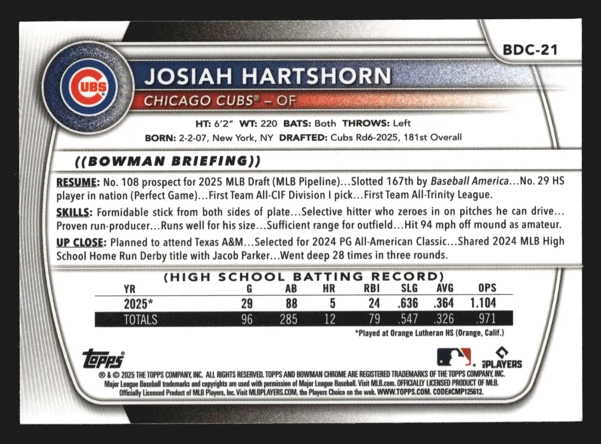 2025 Bowman Draft Chrome Josiah Hartshorn #BDC-21 1st Bowman Cubs - Baseball Card Single