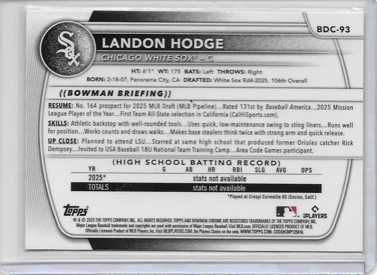 2025 Bowman Draft Chrome Landon Hodge 1st Bowman Mojo Refractor (c-70) - Baseball Card Single