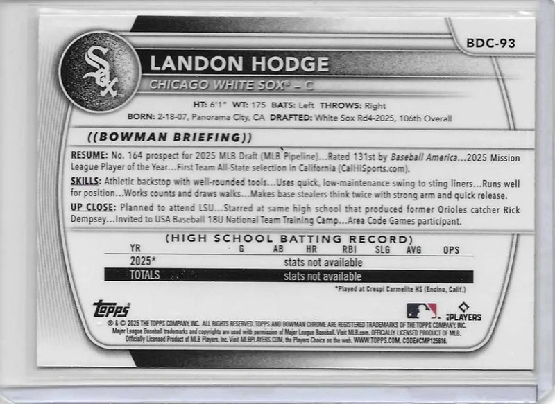 2025 Bowman Draft Chrome Landon Hodge 1st Bowman Mojo Refractor (c-70) - Baseball Card Single