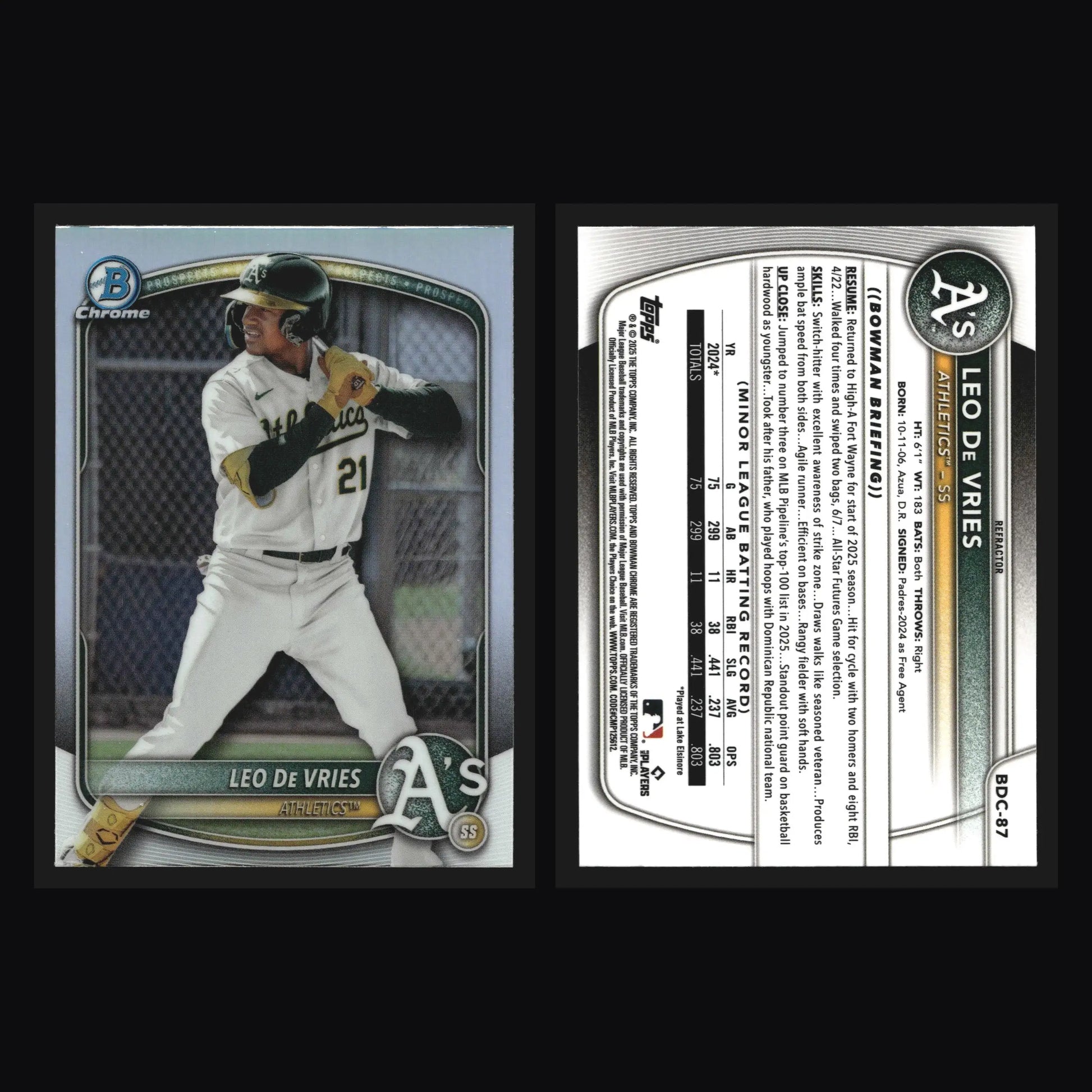 2025 Bowman Draft Chrome Leo De Vries #BDC-87 Refractor Athletics - Baseball Card Single