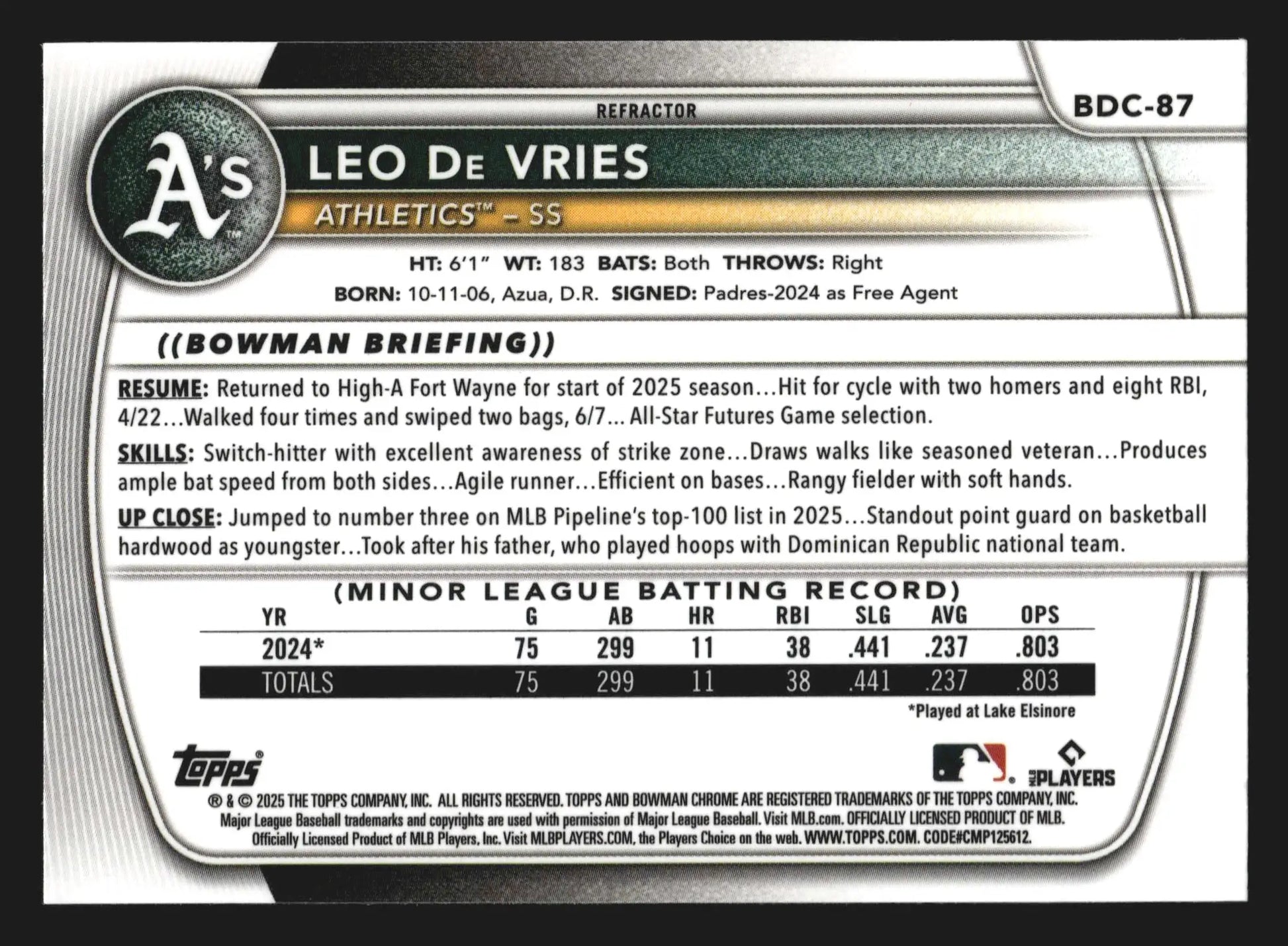 2025 Bowman Draft Chrome Leo De Vries #BDC-87 Refractor Athletics - Baseball Card Single