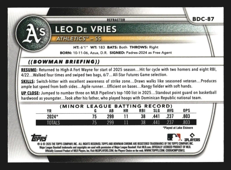 2025 Bowman Draft Chrome Leo De Vries #BDC-87 Refractor Athletics - Baseball Card Single
