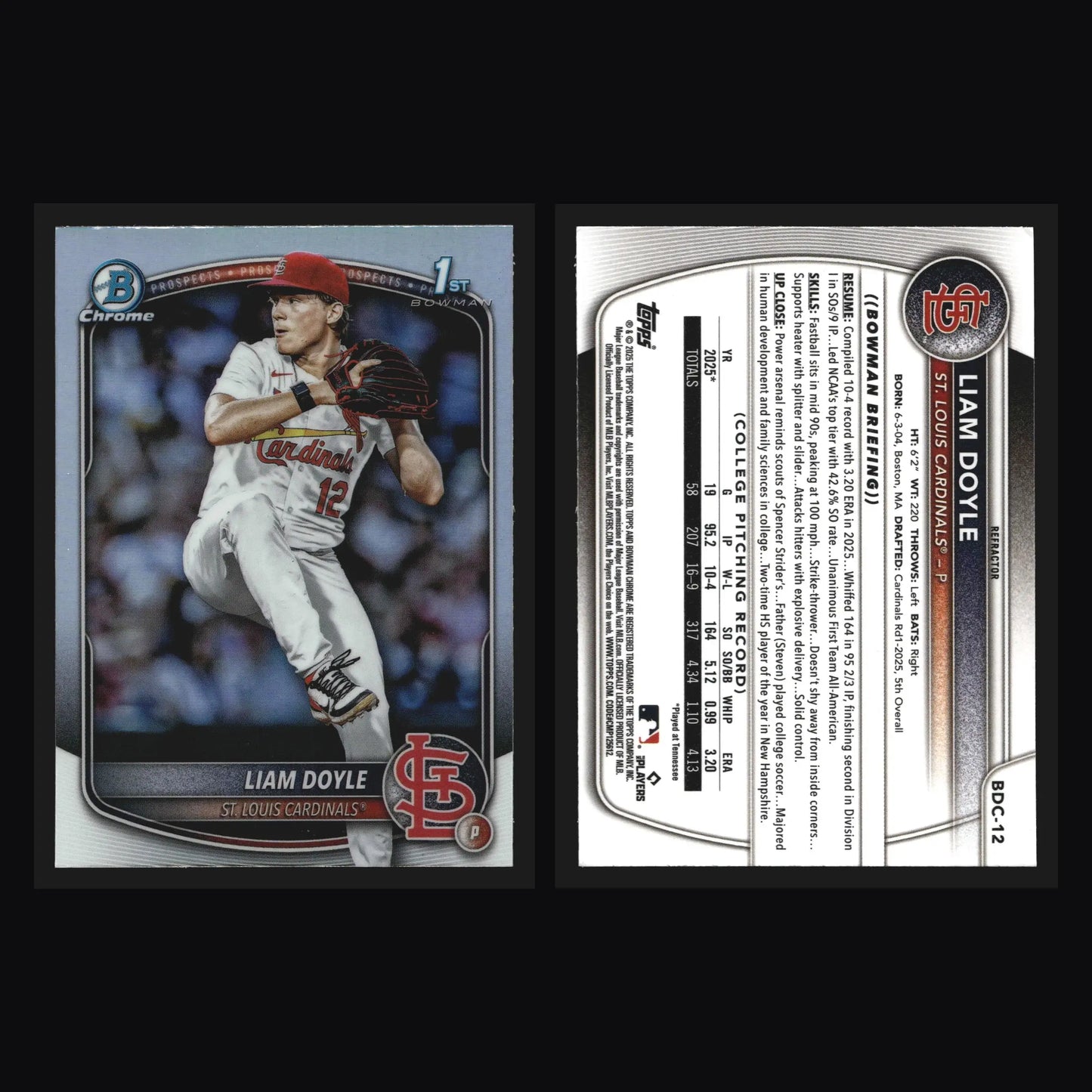 2025 Bowman Draft Chrome Liam Doyle #BDC-12 Refractor St. Louis Cardinals - Baseball Card Single