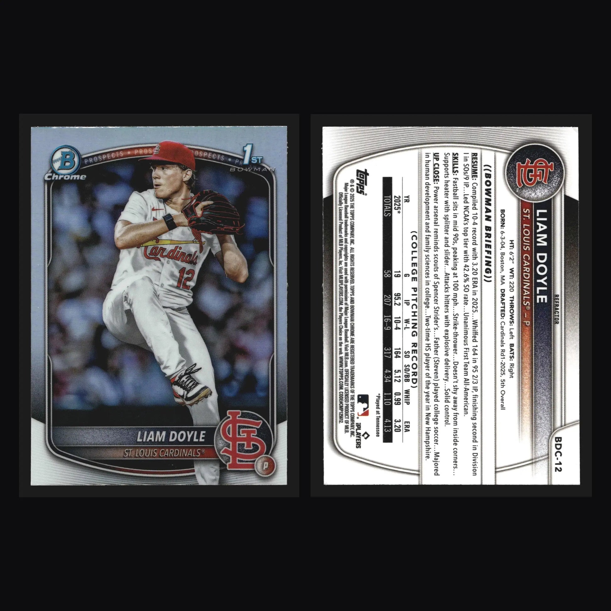 2025 Bowman Draft Chrome Liam Doyle #BDC-12 Refractor St. Louis Cardinals - Baseball Card Single