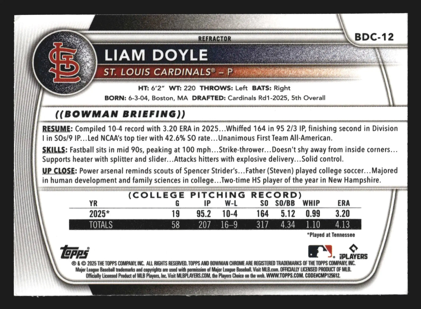 2025 Bowman Draft Chrome Liam Doyle #BDC-12 Refractor St. Louis Cardinals - Baseball Card Single