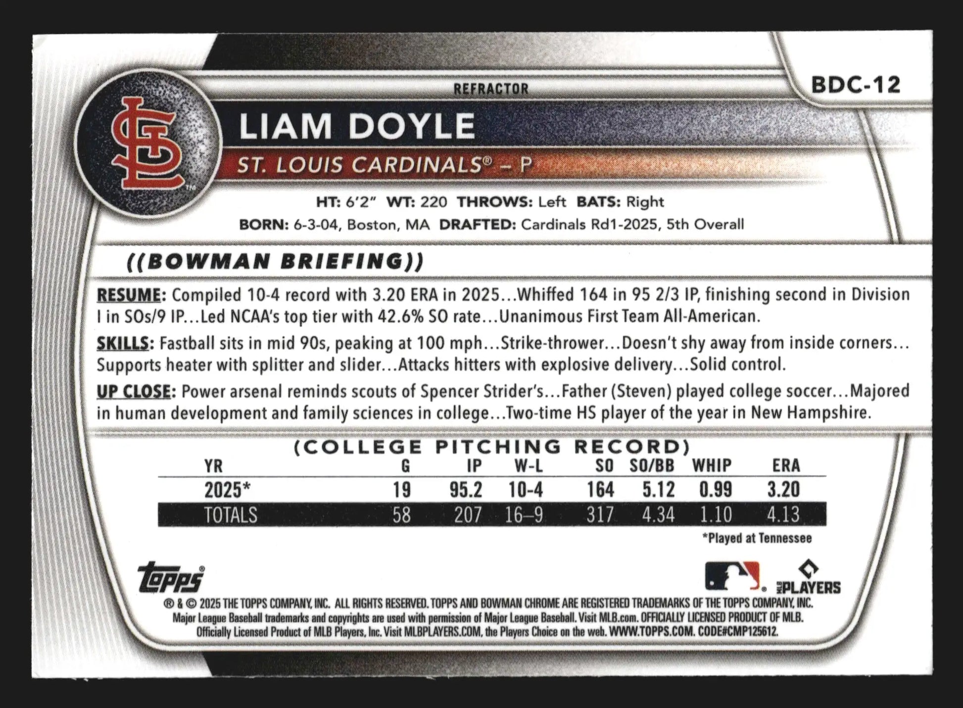 2025 Bowman Draft Chrome Liam Doyle #BDC-12 Refractor St. Louis Cardinals - Baseball Card Single
