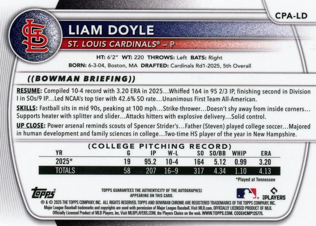 2025 Bowman Draft Chrome Liam Doyle #CPA-LD Blue Refractor Auto /150 RC - Baseball Card Single