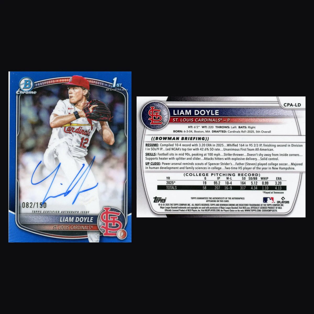 2025 Bowman Draft Chrome Liam Doyle #CPA-LD Blue Refractor Auto /150 RC - Baseball Card Single
