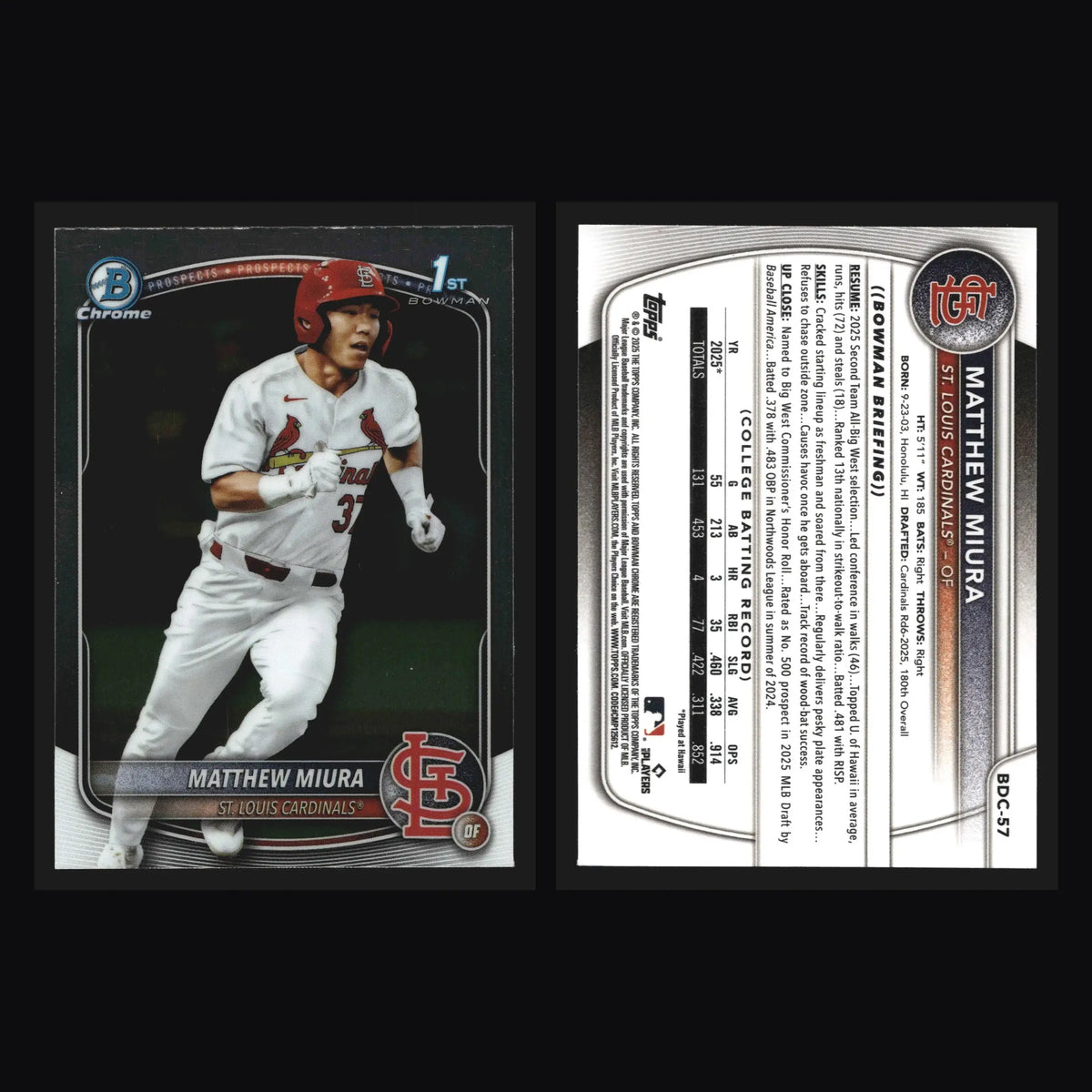 2025 Bowman Draft Chrome Matthew Miura #BDC-57 1st Bowman Cardinals - Baseball Card Single