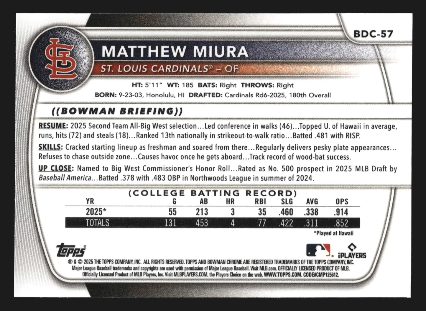2025 Bowman Draft Chrome Matthew Miura #BDC-57 1st Bowman Cardinals - Baseball Card Single