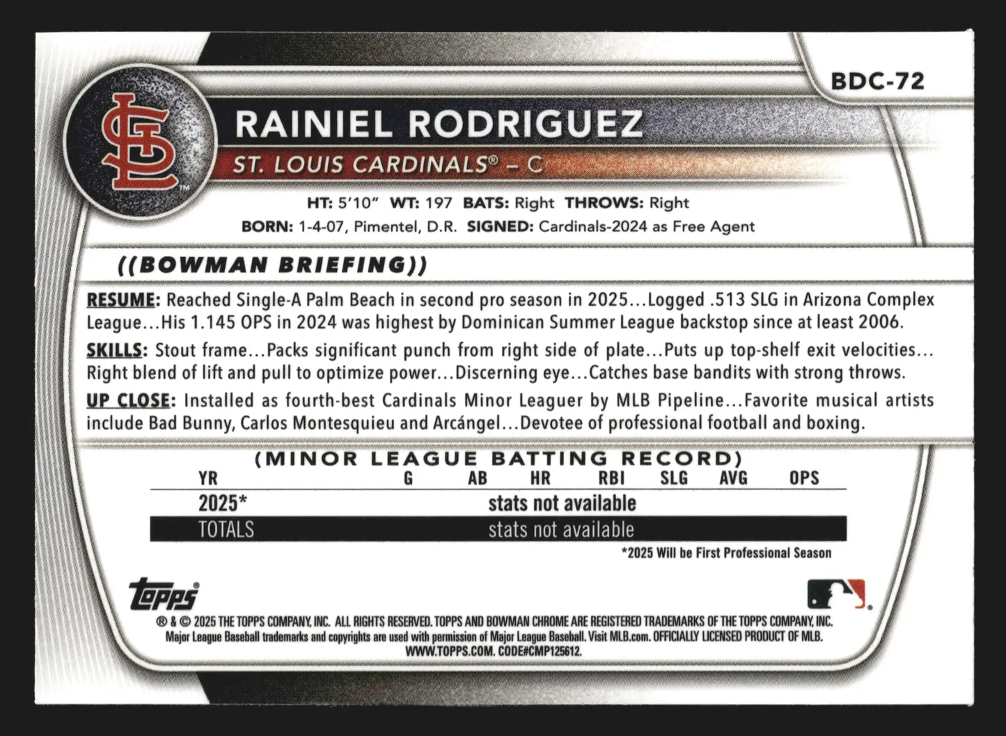 2025 Bowman Draft Chrome Rainiel Rodriguez #BDC-72 1st Bowman Cardinals - Baseball Card Single