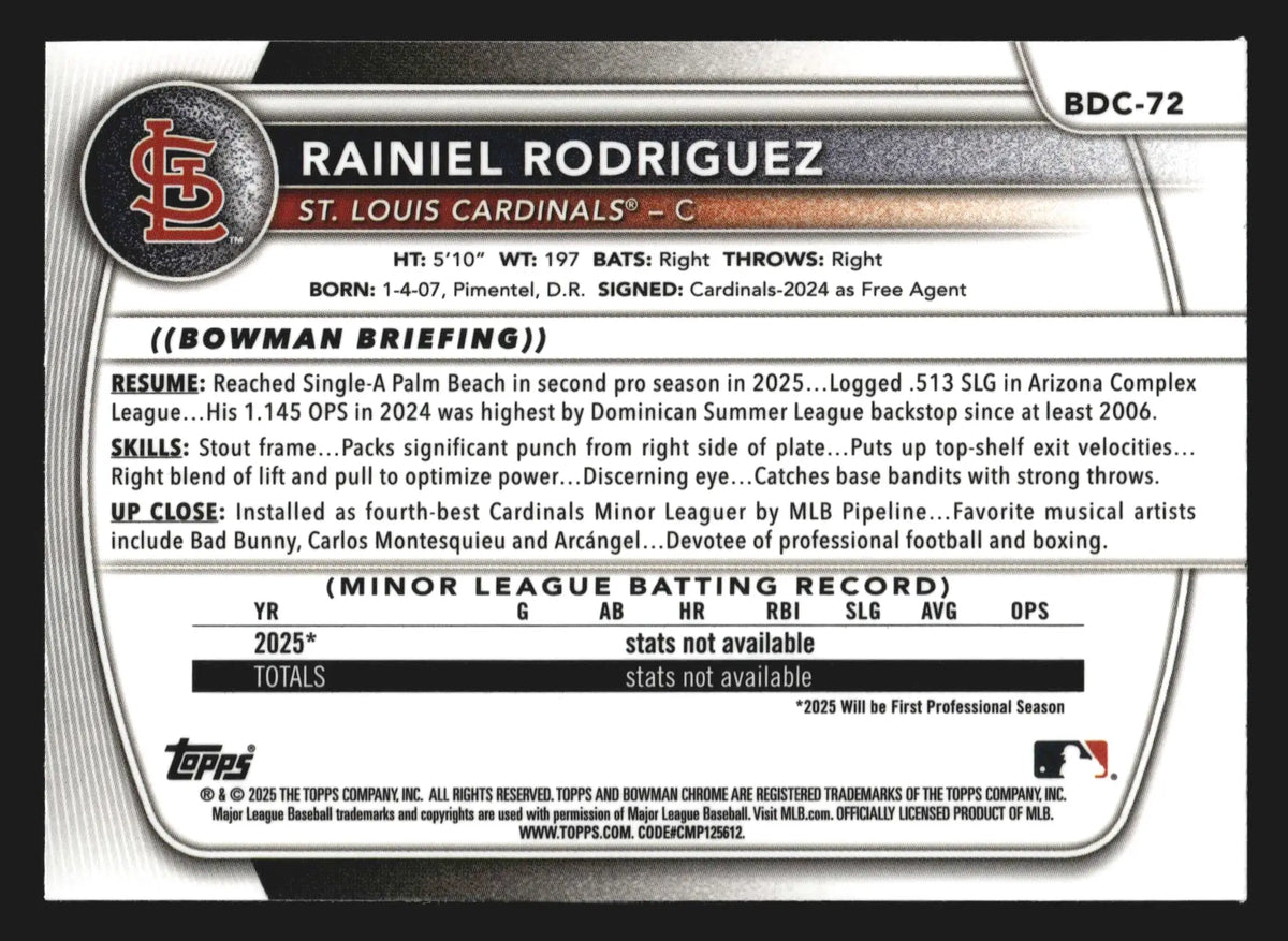 2025 Bowman Draft Chrome Rainiel Rodriguez #BDC-72 1st Bowman Cardinals - Baseball Card Single
