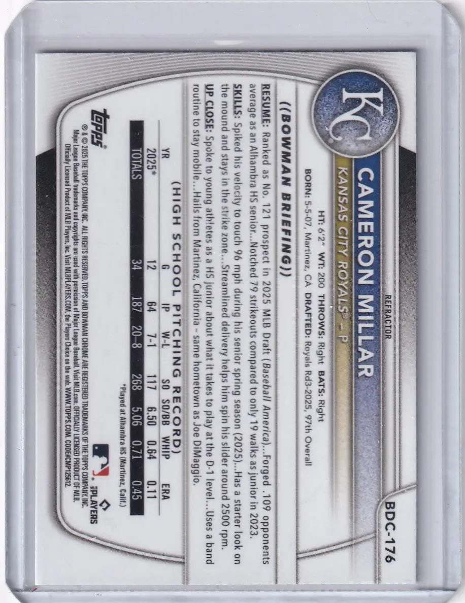 2025 Bowman Draft Chrome Refractor #BDC-176 Cameron Millar - Royals - Baseball Card Single