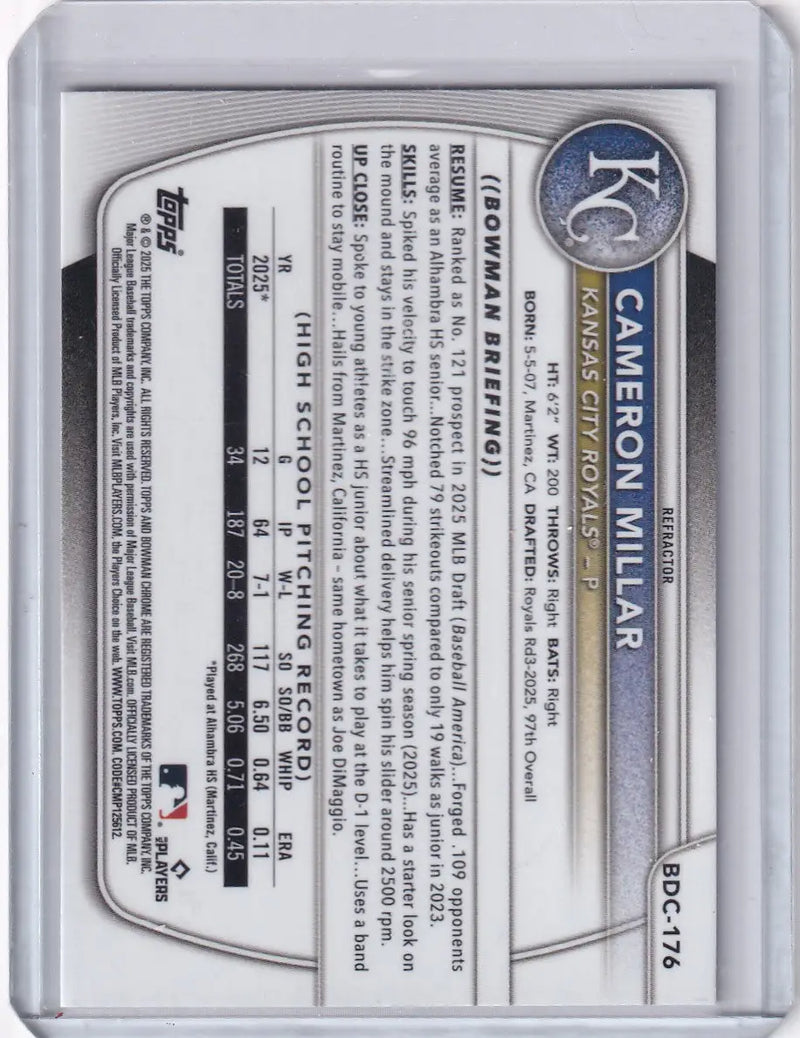 2025 Bowman Draft Chrome Refractor #BDC-176 Cameron Millar - Royals - Baseball Card Single