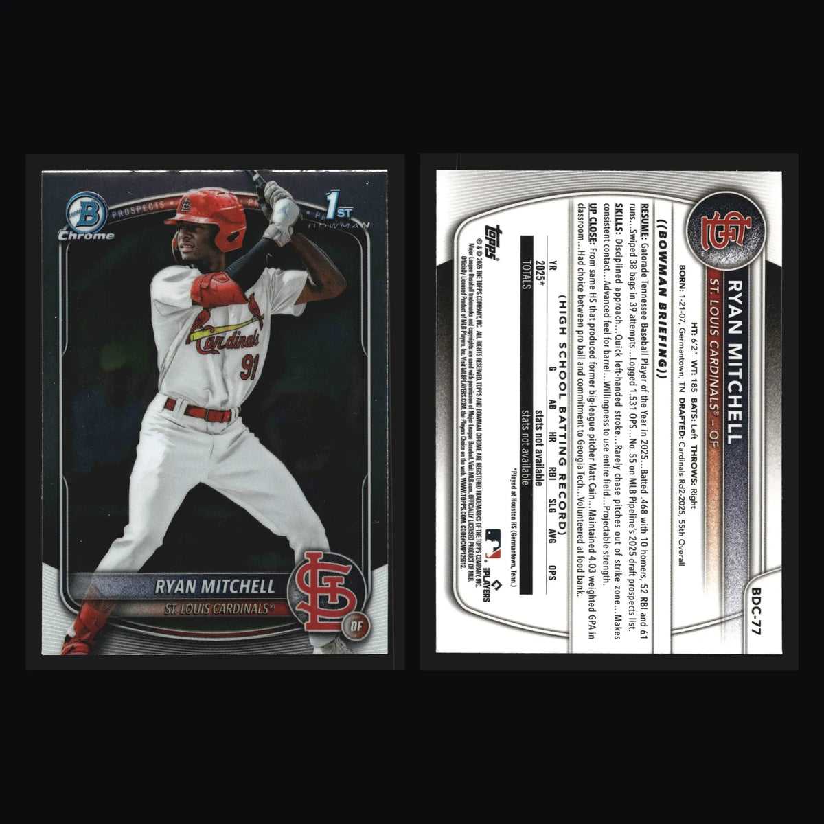 2025 Bowman Draft Chrome Ryan Mitchell #BDC-77 1st Bowman Cardinals - Baseball Card Single