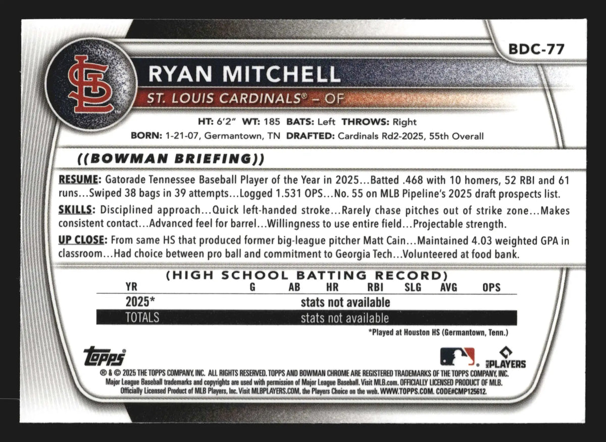 2025 Bowman Draft Chrome Ryan Mitchell #BDC-77 1st Bowman Cardinals - Baseball Card Single