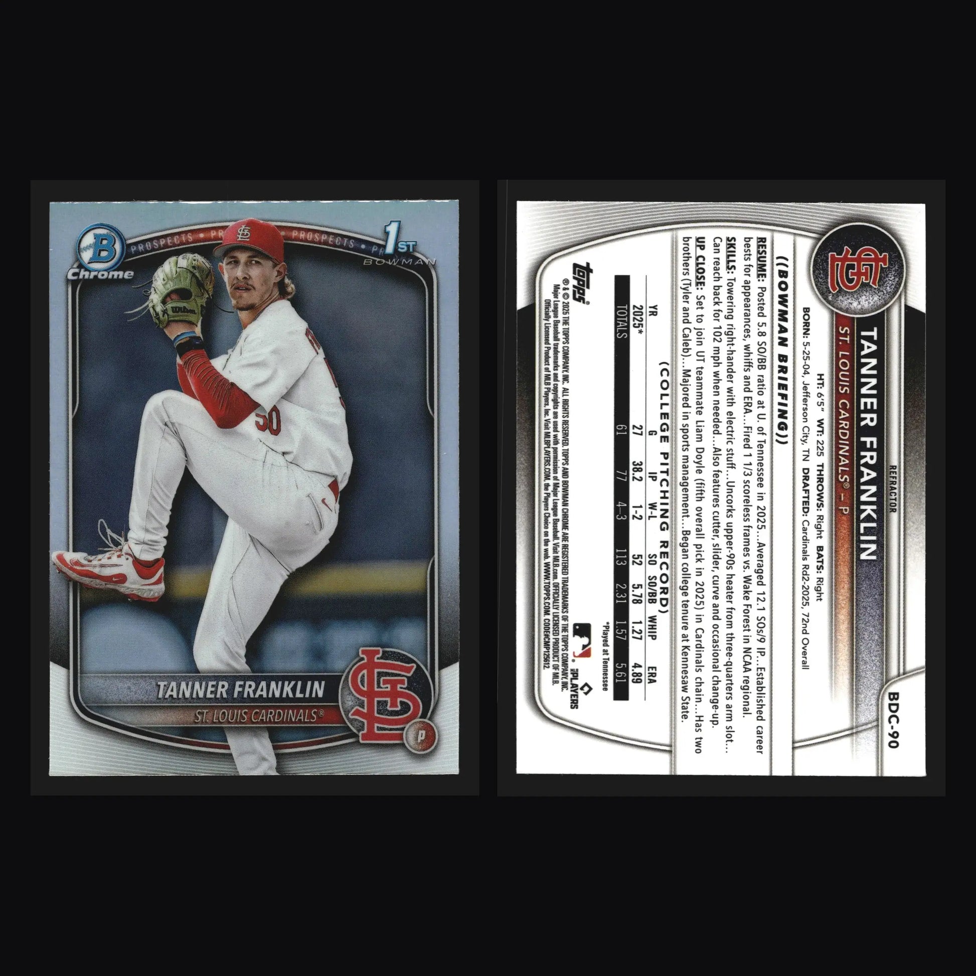 2025 Bowman Draft Chrome Tanner Franklin #BDC-90 Refractor RC Cardinals - Baseball Card Single