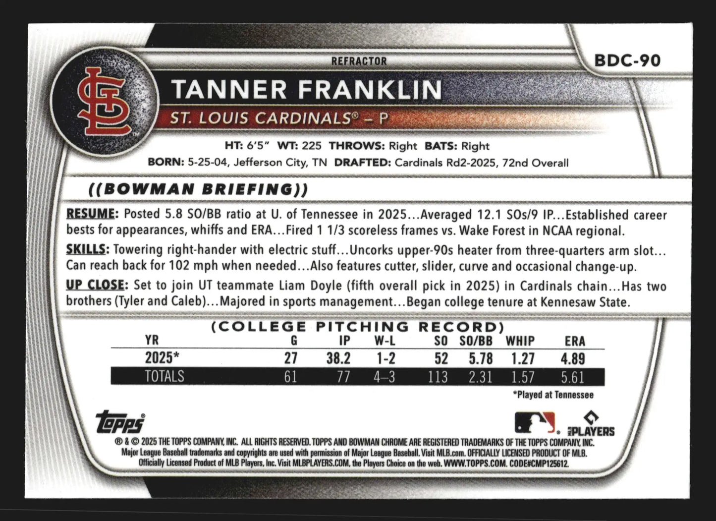 2025 Bowman Draft Chrome Tanner Franklin #BDC-90 Refractor RC Cardinals - Baseball Card Single