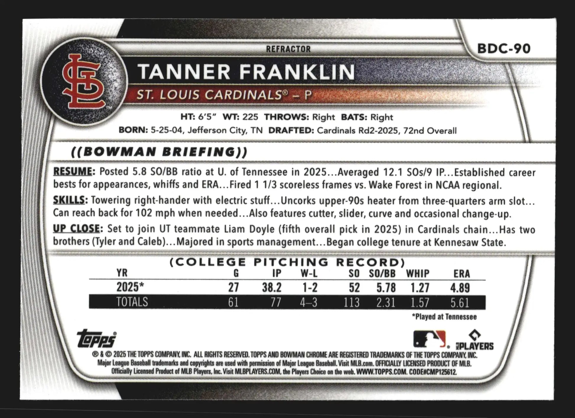 2025 Bowman Draft Chrome Tanner Franklin #BDC-90 Refractor RC Cardinals - Baseball Card Single