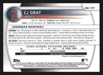 2025 Bowman Draft CJ Gray #BD-197 1st Bowman Los Angeles Angels - Baseball Card Single