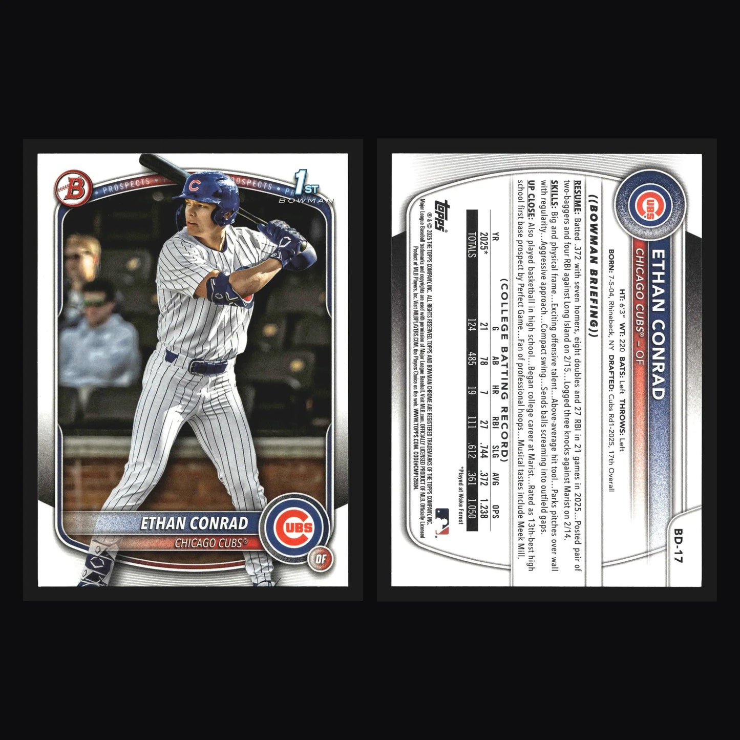 2025 Bowman Draft Ethan Conrad #BD-17 1st Bowman Paper Cubs - Baseball Card Single